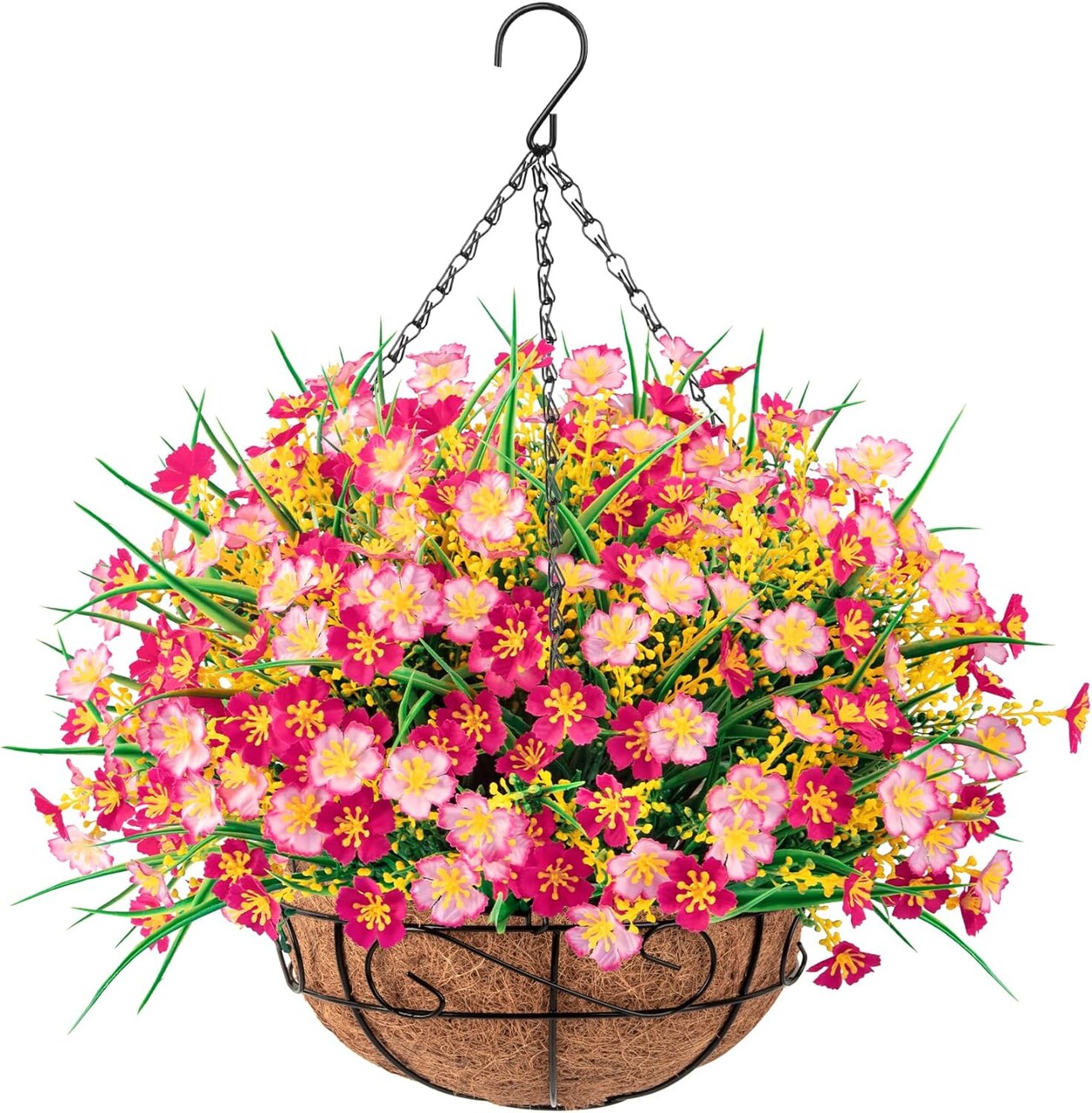 Everlasting Spring Charm: Artificial Hanging Flowers with Coconut-Lined Basket